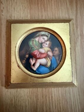 Mini Framed Madonna and Child Round Painting on Ceramic in Gold Frame
